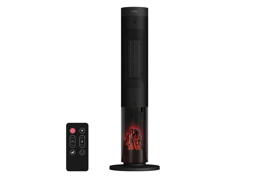 EMKE Heizlüfter Turmheizer mit Thermostat, Oszillation simulierten Flammen 2000 W, Mobiler PTC-Heizer mit Fernbedienung, Timer und ECO-Funktion