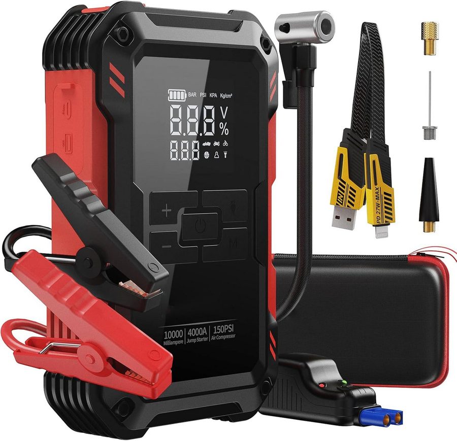 Forrlite Auto Starthilfe Powerbank 4000A 12V Starthilfegerät, 4-in-1 Autobatterie-Ladegerät (10000mAh Starthilfegerät mit 150PSI Kompressor & Smart-Klemmen, Starthilfe Powerbank Benzin bis 9,0L & Diesel bis 6,5L mit USB & DC, 12 Schutzmaßnahmen, Notfall-LED-Licht & LCD Display, -20°C bis 60°C)