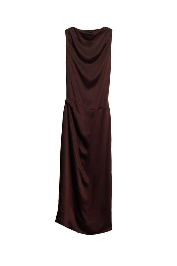 Bhoem Midikleid BHOEM Drapiertes ärmelloses Satin-Midikleid, braun (1-tlg)