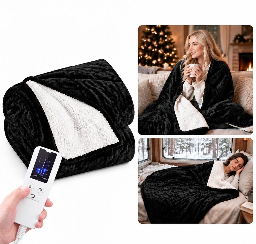 Ledklang Heizdecke Elektrisch Schwarz/Grau Überhitzungsschutz,Waschbare 200x180cm, für Bett, Sofa und Camping, 6-Stufen-Heizung & Zeitschaltuhr,Waschbar bei 30 °C