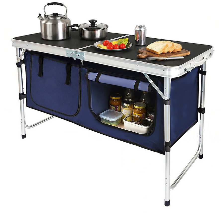 DAITORE Campingschrank Campingküche Faltbar, Leicht Campingschrank mit Aluminiumgestell Campingtisch Klappbar mit 2 Große Staufächer