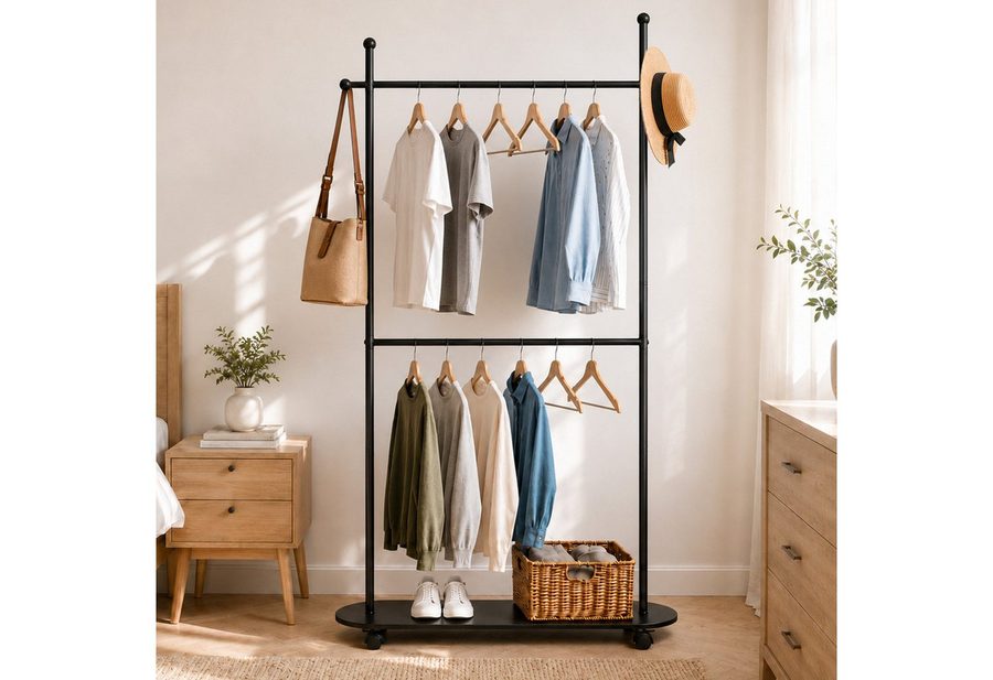 QUBEBU Garderobenständer Kleiderständer auf Rollen Standgarderobe mit 2 Kleiderstange Ablage, (Multifunktionale Garderobenstange Edelstahl Flurgarderobe mit 4 Haken, 1 St., Doppelstange Garderobe für Schlafzimmer, Wäscheraum, Balkon, Flur)