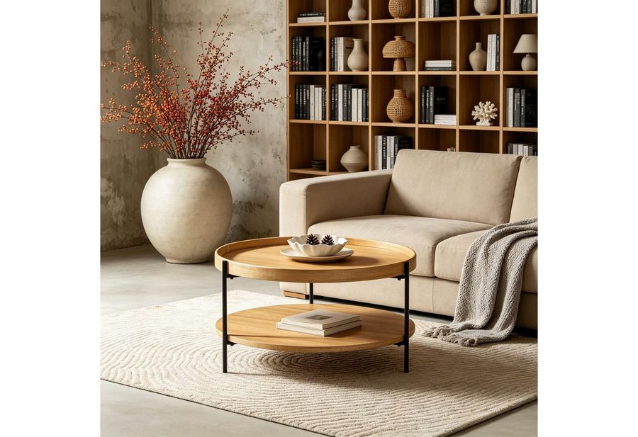 WILLIAMSPACE Couchtisch Meta Runder Couchtisch 2 Ebenen, MDF Echtholzfurnier & Echtholzrand von WILLIAMSPACE