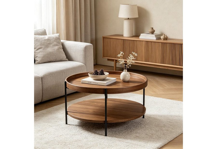 WILLIAMSPACE Couchtisch Meta Runder Couchtisch 2 Ebenen, MDF Echtholzfurnier & Echtholzrand von WILLIAMSPACE