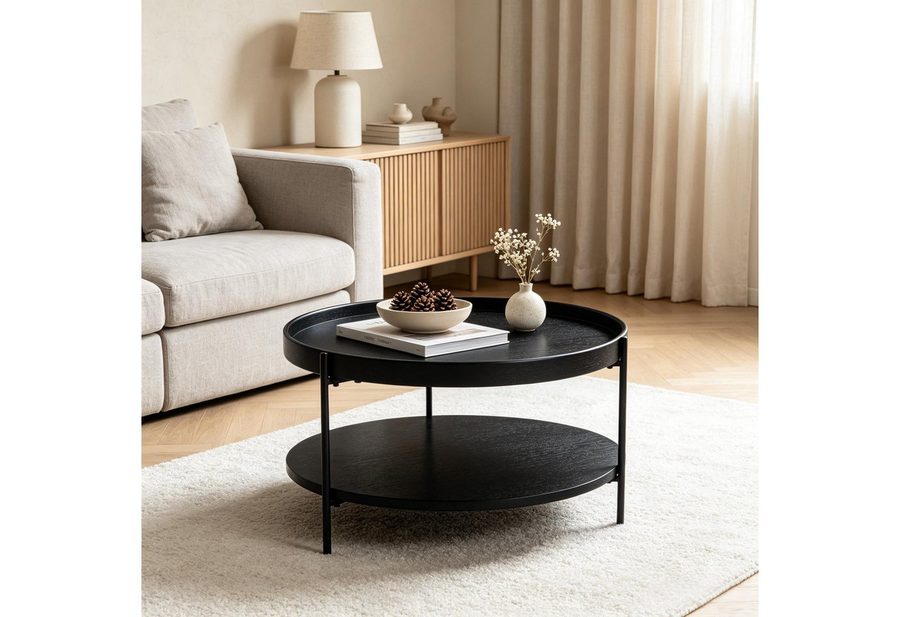 WILLIAMSPACE Couchtisch Meta Runder Couchtisch 2 Ebenen, MDF Echtholzfurnier & Echtholzrand von WILLIAMSPACE