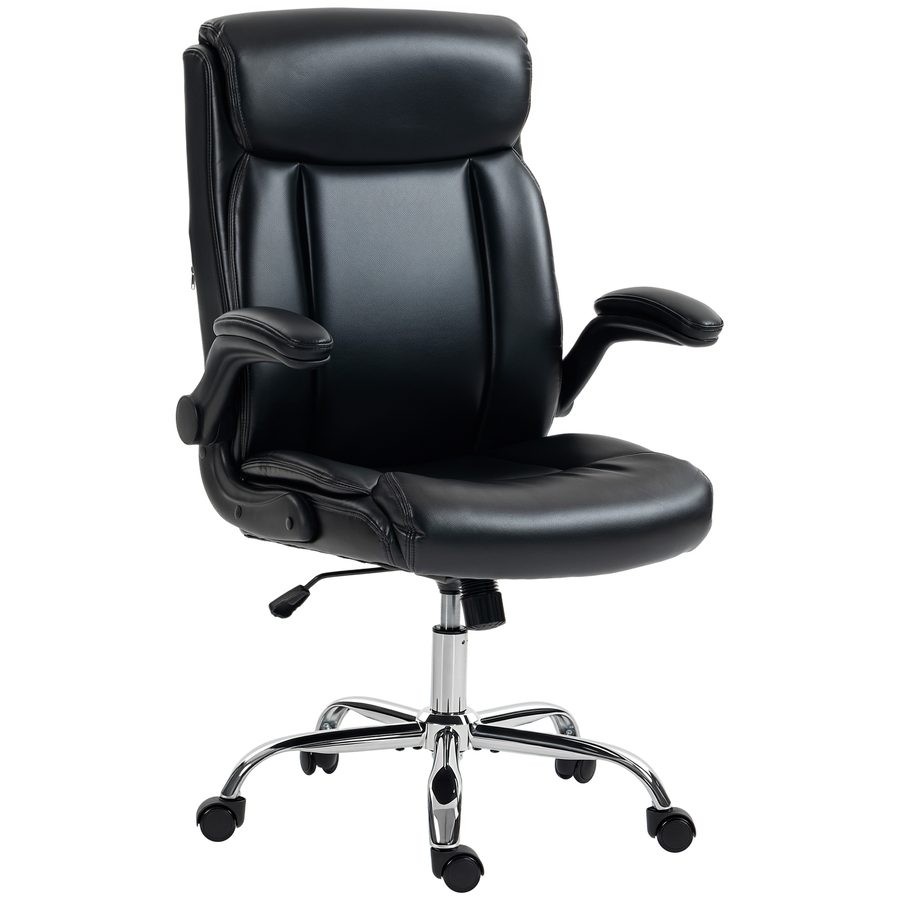 HOMCOM Ergonomischer Bürostuhl mit klappbaren Armlehnen, PU-Bürosessel mit hoher Rückenlehne, höhenverstellbar, Wippfunktion, 360°-Drehung, für Zuhause, Studio, Schwarz   Aosom