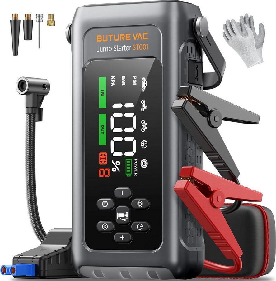 Buture 4-in-1 5000A Starthilfe Powerbank mit 150PSI Kompressor 16800mAh Starthilfegerät, 18 W Schnellladung, 500 Lumen Notbeleuchtung, Zwangsstart, Handschuhe