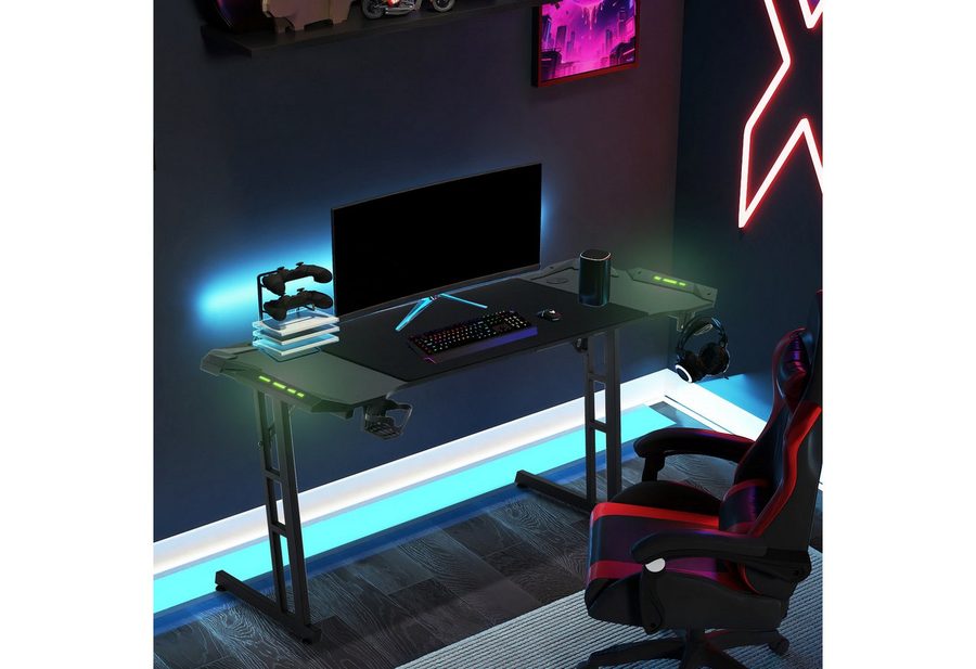 FIVMEN Computertisch Gamingtisch zusammengesetzte Tischplatte Gaming Schreibtisch, mit Getränkehalter Kopfhörerhaken Kabeldurchlass Z-förmiges
