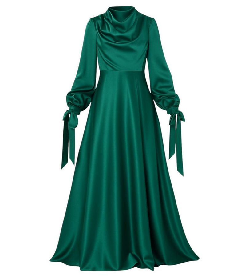 fashionshowcase Abendkleid Damen Maxikleid Satinkleid langarm Modest Fashion