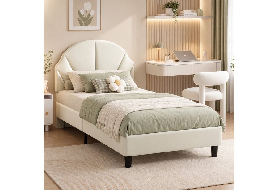 Simurq Einzelbett Polsterbett mit Muschel-Kopfteil, Kinderbett & Jugendbett, Samt (höhenverstellbares Kopfteil, Metall-Holz-Lattenrost), Polsterbett für Kinder und Jugendliche, Erhältlich in Beige und Rosa von Simurq