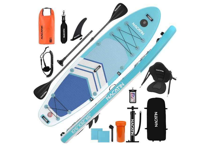 NACATIN Inflatable SUP-Board mit Kajaksitz, Paddel, Pumpe, Rucksack & Tasche, Inflatable SUP Board, Aufblasbares SUP Board 10'6" für Erwachsene