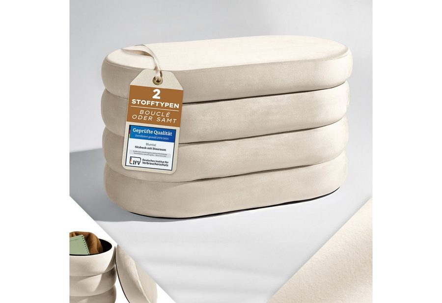Blumtal Sitzhocker Hocker mit Stauraum mit Bouclé oder Velvet-Bezug, robuste Sitztruhe mit Stauraum und extrem Dickes MDF