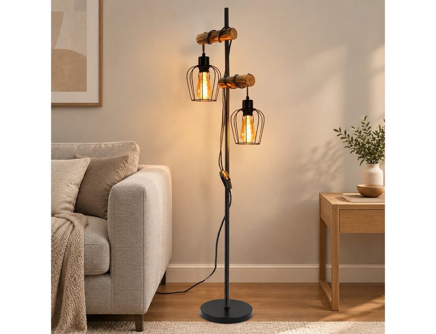 Nettlife Stehlampe Schwarz 2-Flammig 145cm E14/E27 Stehleuchte Vintage Metall Industrial, ohne Leuchtmittel, 151*40*22cm,Fußschalter Leselampe Retro für Schlafzimmer Wohnzimmer von Nettlife