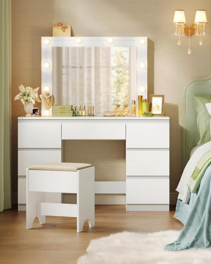 Woltu Schminktisch (1-St), mit Spiegel, LED-Beleuchtung, mit Hocker, 7 Schubladen von WOLTU