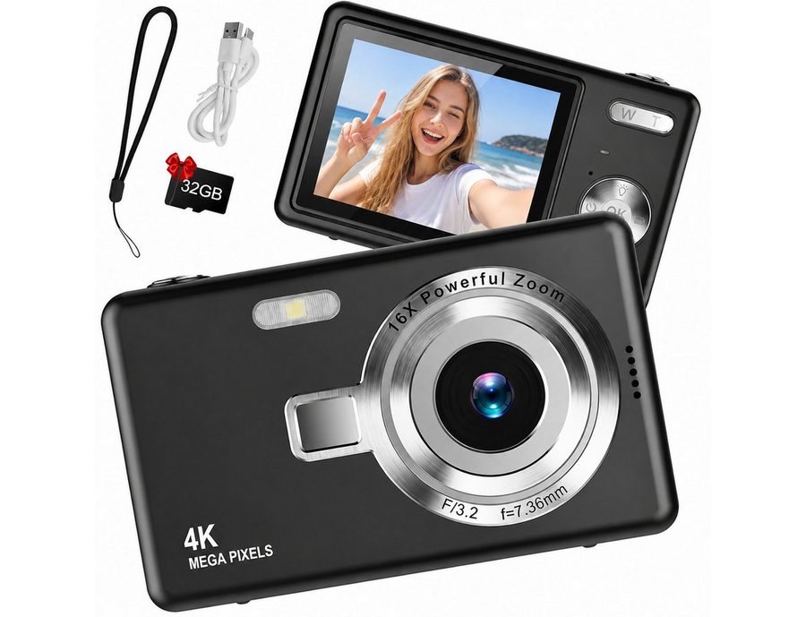 XEOOCE Digitalkamera 44MP 1080P FHD Kompaktkamera 16X Zoom 32GB SD Karte Kompaktkamera (44 MP)