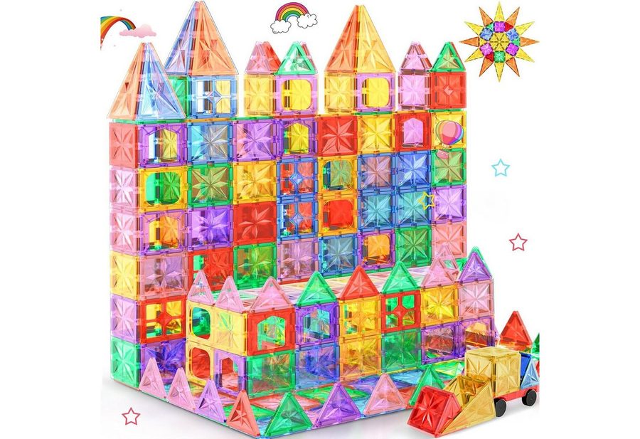 POPOLIC Magnetische Bausteine, 61 Teile Magnete Kinder Stärker Magnetbausteine Magnetspielbausteine, (1 St., 3D STEM Montessori Spielzeug mit Autobasis Magnetspiel), ab 3 4 5 6 7 8 Jahre Vorschule Lernen Geburtstagsgeschenke