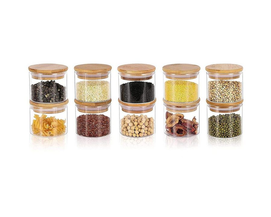 Simloveve Vorratsglas Vorratsgläser mit Deckel, 12er Set Vorratsdosen Glas, (12-tlg), mit Bambusdeckel, für Kaffeebohnen, Nüsse, Nudeln & Pasta von Simloveve