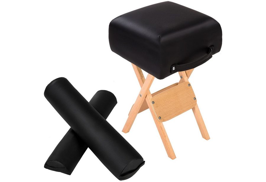 tectake Hocker Sitzschemel mit 2 Lagerungsrollen, klappbar, leicht zu reinigen (Arbeitssitz, in schwarz), Holz und Kunstleder, gut gepolstert, Tragegriffe, stabil und robust