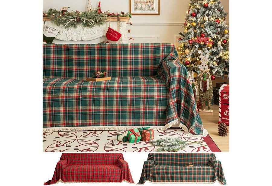 Sunicol Sofabezug Plaid Sofa Überwurfdecke mit Quasten, Schutzhülle für Weihnachten Deko, Vielseitige Couch Überwurf für Sofa, Kuscheldecke, große Tagesdecke