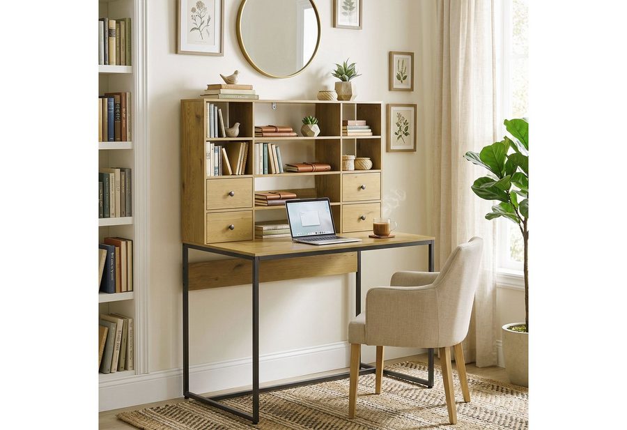 HOMCOM Schreibtisch Computertisch Arbeitstisch mit 4 Schubladen, Regalen (Bürotisch, 1-St., 1 Tisch), für Büro, Wohnzimmer, Natur