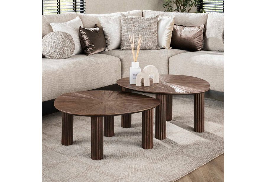 alesvelt Couchtisch FLAVIO TRAINGOLO Dreieckige Satztische im Mid-Century Design (2-er Set), 75x61x45cm Teak Säulenbeine von alesvelt