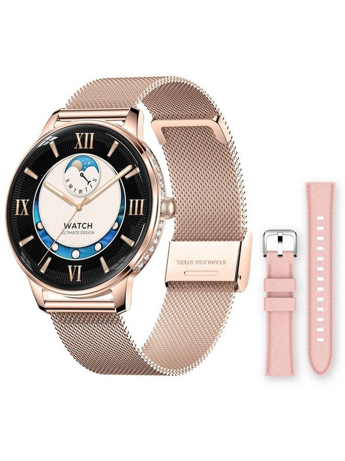 Zevelora Damen Uhr Fitnessuhr Fitness Tracker Schrittzähler Pulsuhr Strass rund Smartwatch (3 cm/1,19 Zoll, Android/iOS) Set, 3-tlg., mit Milanaise-Armband und zusätzlichem Silikonarmband, Strass-Lünette, AMOLED-Display, Telefonfunktion, WhatsApp-Anzeige von Zevelora