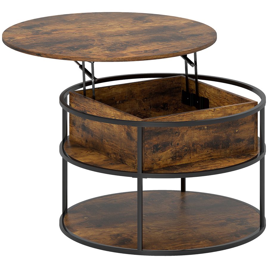 HOMCOM Couchtisch Rund Höhenverstellbar Ø80 cm Wohnzimmertisch mit Ablagefläche und verstecktem Stauraum Kaffeetisch Beistelltisch für Wohnzimmer, Braun   Aosom
