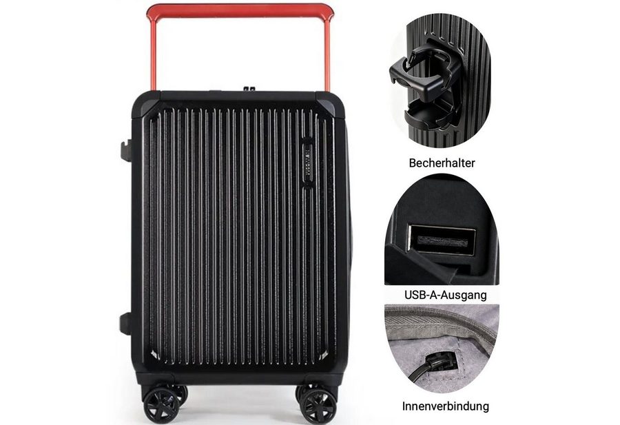 Super Solu Hartschalen-Trolley Handgepäck 55x38x24cm Koffer mit Breitgriff leicht & robust Premium, 4 Rollen, ABS+PC Reisekoffer mit TSA-Schloss & Becherhalter, Schwarz