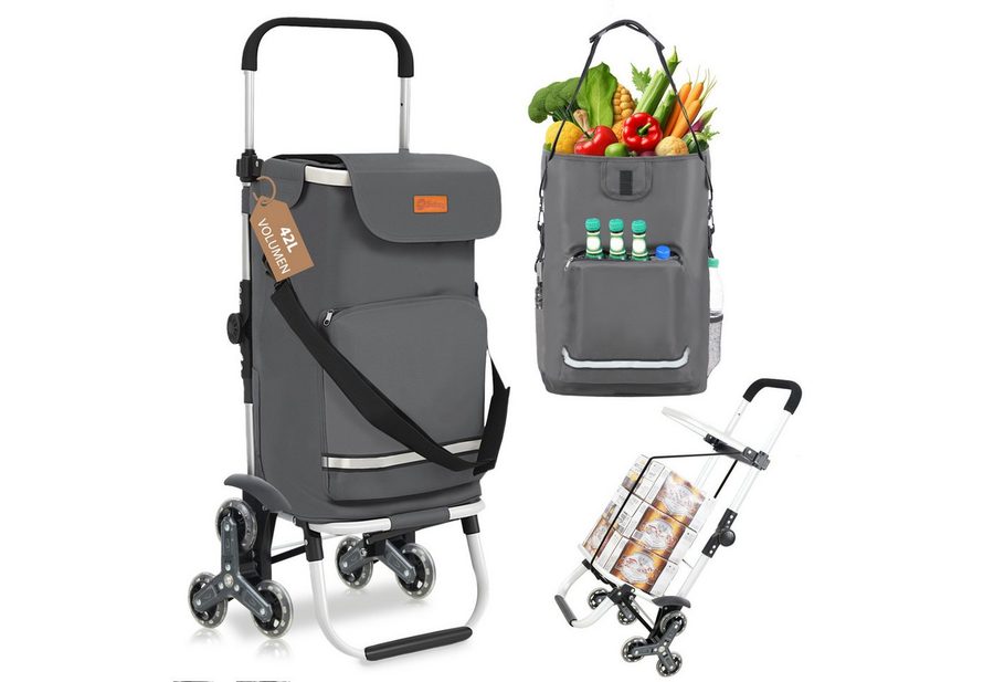 Sekey Einkaufstrolley Klappbarer Einkaufswagen mit Kühlfach, Treppensteiger Trolley 3 in 1, 42 l, Faltbarer Einkaufswagen inkl. Einkaufschip und Spanngurt