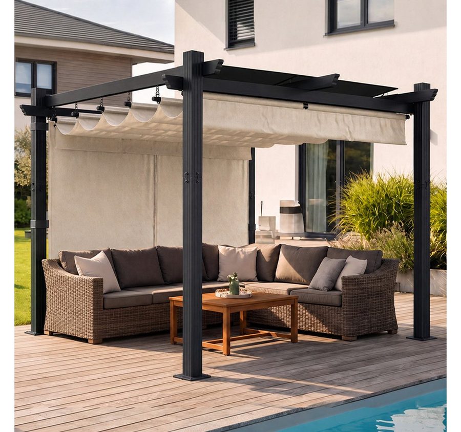 GUNJI Pergola 3x3/3x4m Terrassenüberdachung, Magnetisch Befestigte Aluminium-Pergola, (180g PA-beschichtetes Polyester, UV-geschützt, geeignet für Garten, Terrasse, Poolszenen), Magnetisch befestigbares Schiebedach von GUNJI
