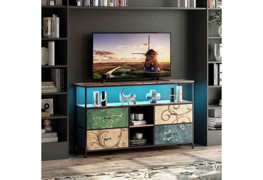 Simurq TV-Schrank Vintage TV Lowboard mit LED Licht, 4 Stoffschubladen & offenen Regalen (Einzelpaket,Vintage Media Console für Wohnzimmer, Fernsehtisch mit Stoffschubladen, TV-Bank aus Metall und Holz) LED-Beleuchtung,Stoffschubladen,Offene Ablageflächen,Metall-Holz von Simurq