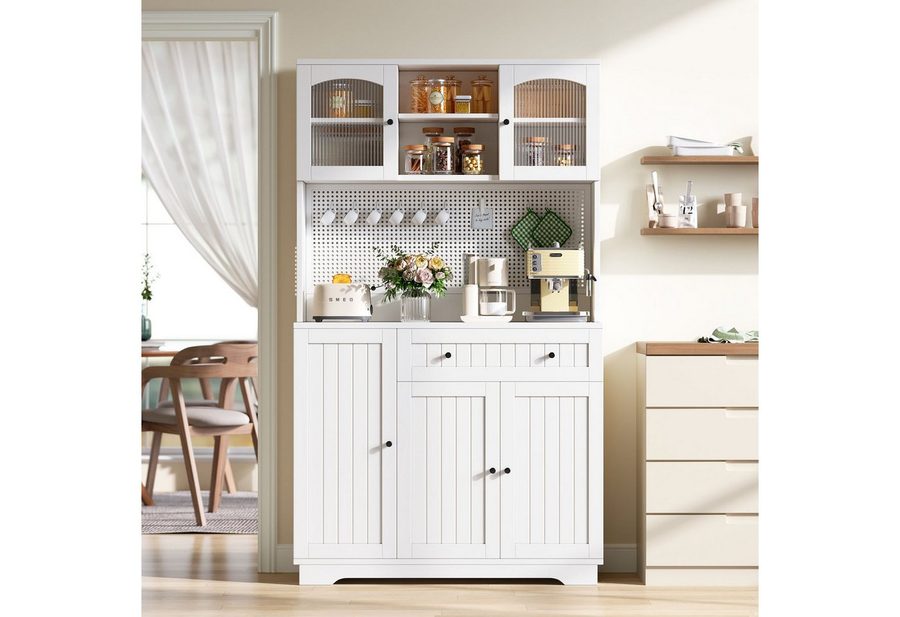 Merax Küchenbuffet Küchenschrank mit Vitrinentüren (1-St., Hochschrank Buffetschrank mit Schublade) mit verstellbaren Einlegeböden, Vorratsschrank mit Lochblech von Merax