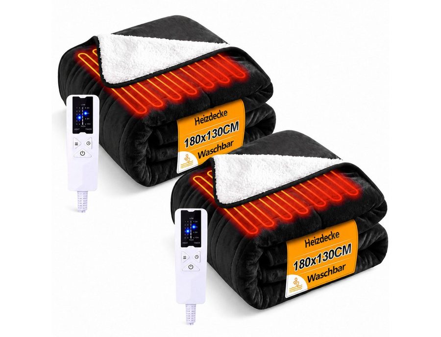 Nettlife Heizdecke Elektrisch Schwarz/Grau Überhitzungsschutz Waschbar Wärmedecke, für das Bett das Sofa und beim Camping( 200x180 cm/180x130cm) , 6-Stufen Heizung & Zeitschaltuhr Einfache Reinigung (30°C)