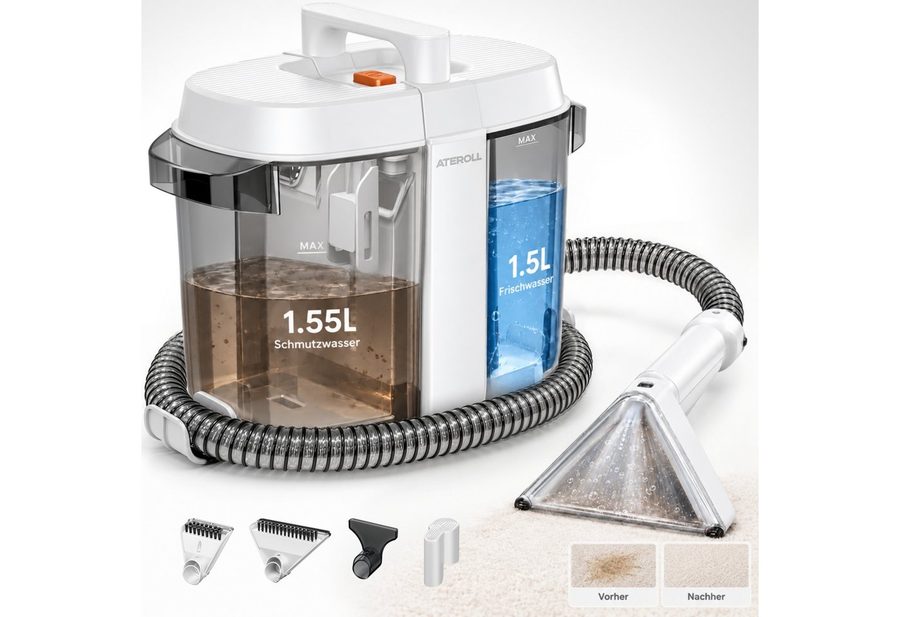 ATEROLL Teppichreinigungsgerät Polsterreiniger Gerät, 25 kPa, Selbstreinigung & 1,55L+1,5L Trenntank, 600 W, Beutellos, mit abnehmbarem Schmutzwassertank, Waschsauger für Sofa, Teppich, Autositze, Polsterreiniger 3in1