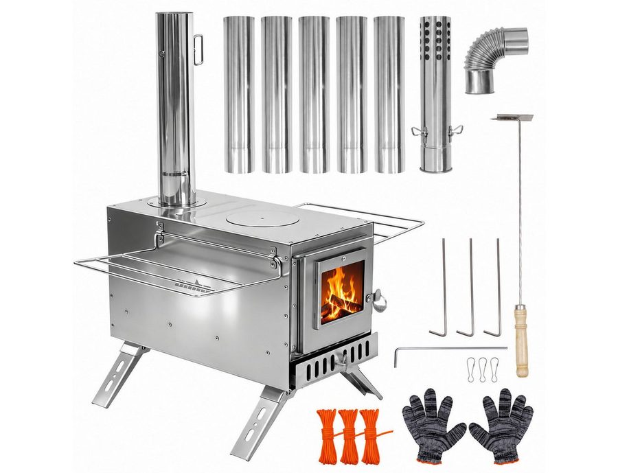 unho Feuerstelle Zeltofen zum Heizen und Kochen mit Sichtfenster, faltbar, regelbare Luftzufuhr, 6-teiliges Kaminsystem