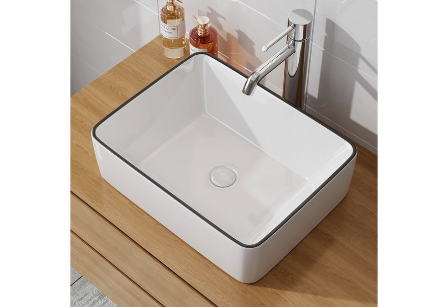 HOROW Waschbecken Aufsatzwaschbecken Keramik weiß für Badezimmer & Gäste-WC (für Badezimmer / Gäste-WC, mit Hahnloch und Überlauf), einfache Reinigung von HOROW