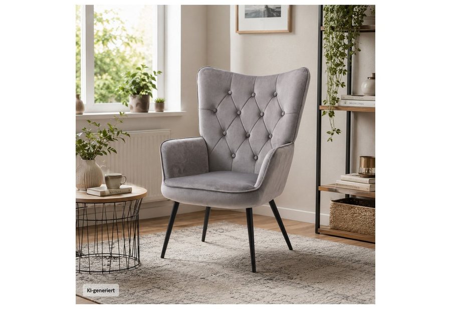 HTI-Living Loungesessel Ohrensessel Freya Velvet Grau (1 Stück, 1-St., 1 Sessel), Loungesessel mit samtiger Oberfläche und Armlehnen
