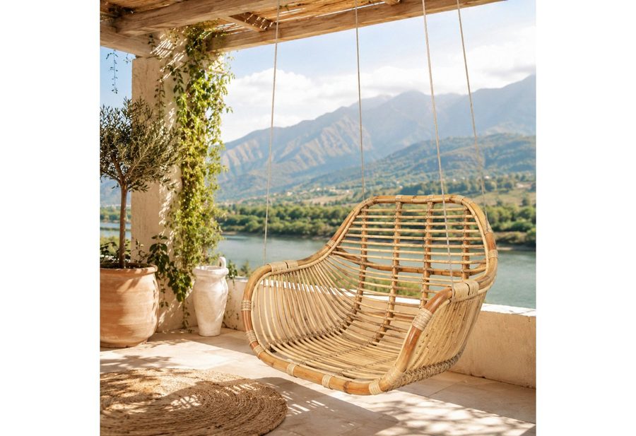 Van der Leeden Hängesessel Hängeschaukel Stuhl Rattan Hell Korb Braun 66x65 cm + Aufhängung (Stück, 1-St., Packung), Beige, mit Karabiner, Hängestuhl, Handmade