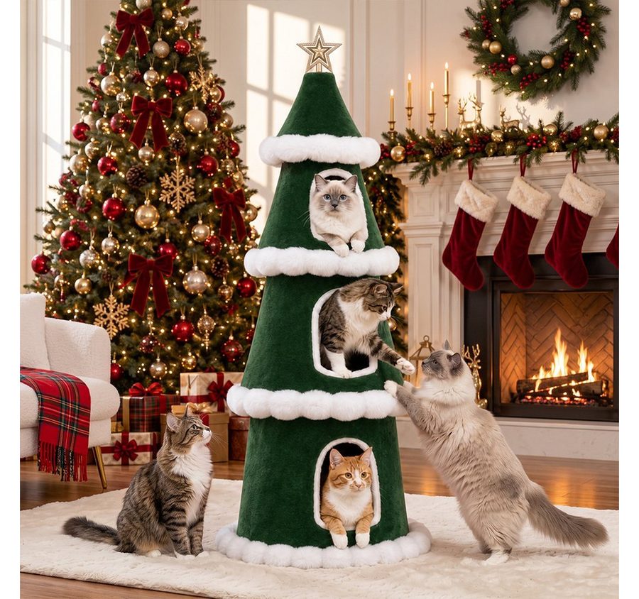 COMHOMA Kratzbaum 135 cm hoch, Weihnachtsbaum-Design, mehrstöckiger Katzenbaum, Katzenhaus mit Kratzsäulen Spielball stabiler Kletterbaum von COMHOMA