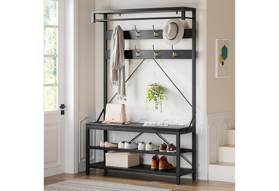 GarveeMore Garderobenständer 4-in-1 mit Sitzbank,3 Etagen Ablage und 8 Haken,183cm, mit Schuhbank,verstellbare Füße,Kleiderstange,101x40x183cm