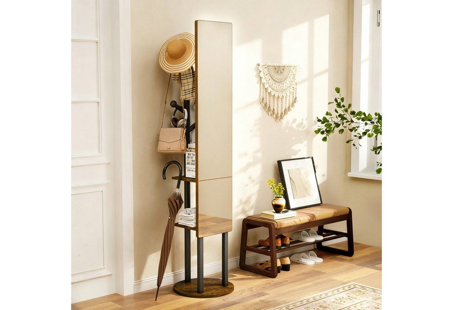 Yorbay Garderobenständer 360° drehbarer mit Ganzkörperspiegel & Haken, multifunktionaler Kleiderständer, 174x40cm
