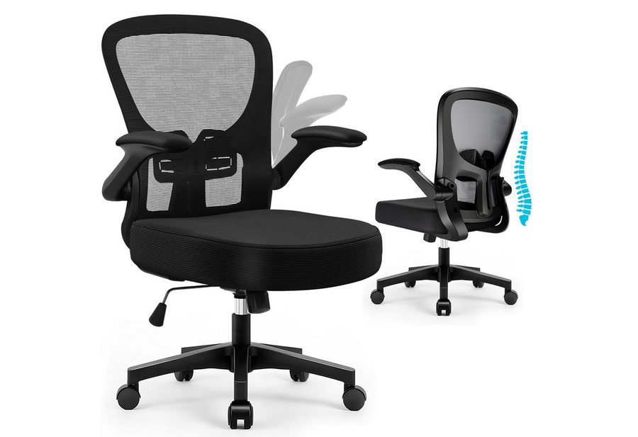 Hoolamyie Bürostuhl Ergonomischer Schreibtischstuhl mit klappbaren Armlehnen, bis 150 kg (atmungsaktive Netzrückenlehne,leise Rollen), Höhenverstellbar, verstellbare Lendenstütze, Wippfunktion bis 130°