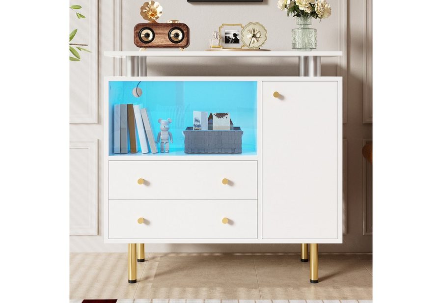 Merax Sideboard mit LED Glasschiebetüren, Moderne Kommode (1 St., Mit 2 Schubladen und Tür, Aufbewahrungsschrank), für Wohnzimmer Flur Esszimmer von Merax