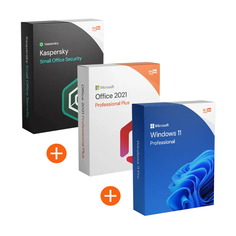 Windows 11 Pro + Office 2021 Pro Plus + Kaspersky Small Office Security BASE (5 Geräte / 1 Jahr) – Bundle