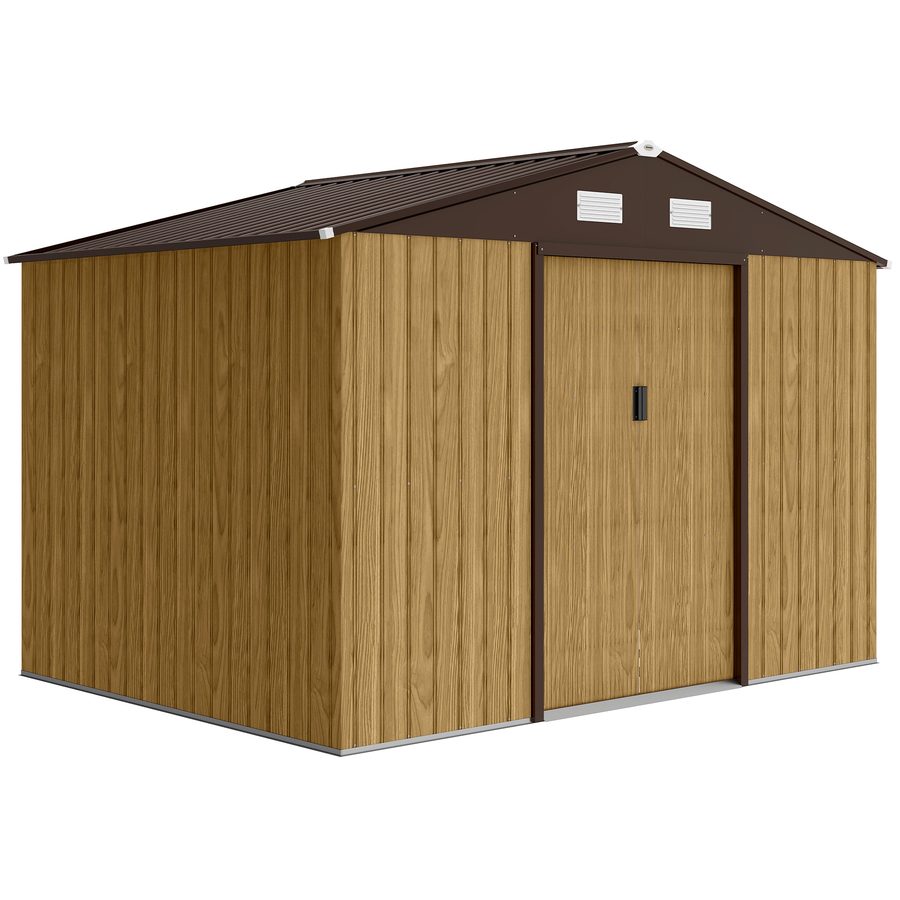 Outsunny Gartenschuppen 4,9 m², 277x195x192 cm, Metall-Gartenhaus mit Schiebetür, Belüftung und Fundamentset, zur Aufbewahrung von Werkzeugen, Hellbraun   Aosom