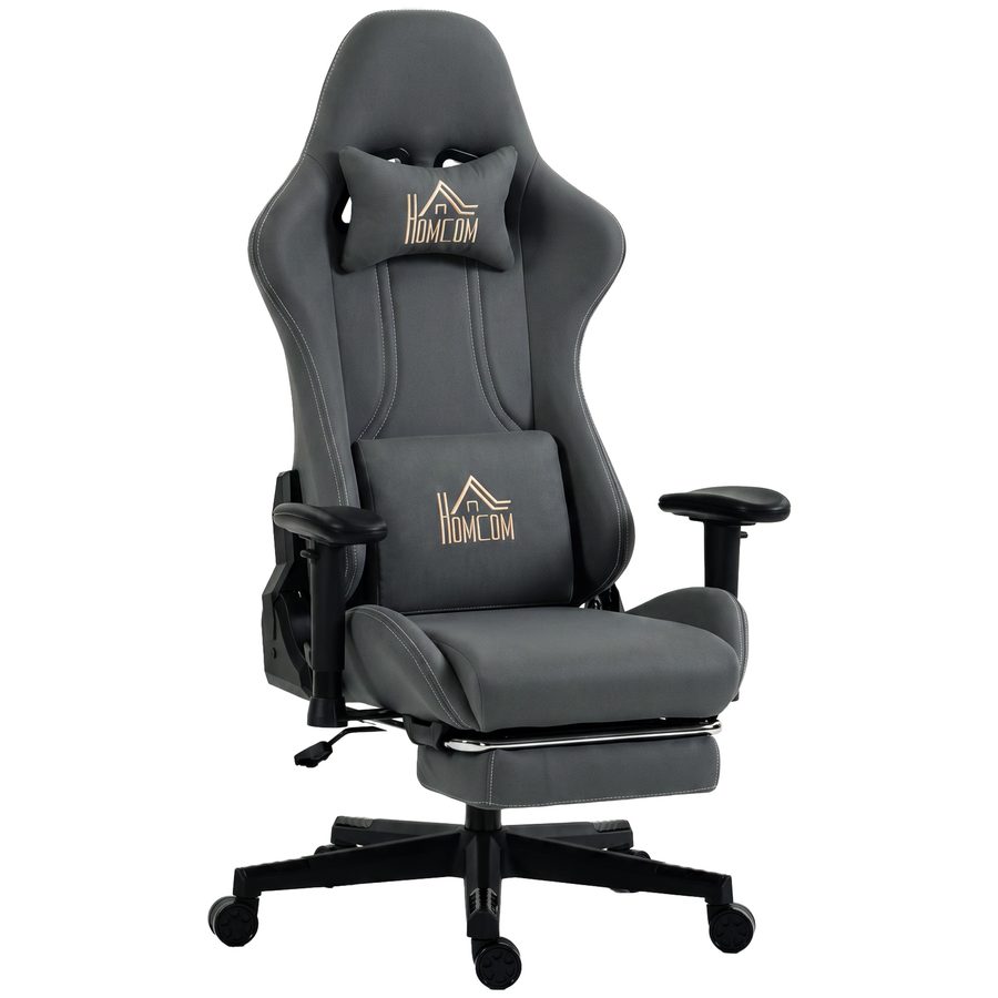 HOMCOM Gaming Stuhl Ergonomischer Wildlederimitat Gamer Stuhl mit Lendenkissen, Fußstütze, Kopfkissen, Gaming Sessel mit 3D Armlehnen Höhenverstellbar Bürostuhl mit Dunkelgrau   Aosom