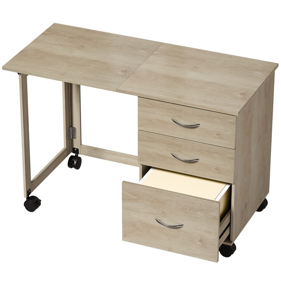 HOMCOM Klapp-Schreibtisch für Computer mit 3 Schubladen, 6 Rollen, platzsparender Büroschreibtisch mit Führungen für A4 und Letter, PC-Tisch für Büro/Homeoffice/Schlafzimmer 107x50x72cm, Eiche   Aosom
