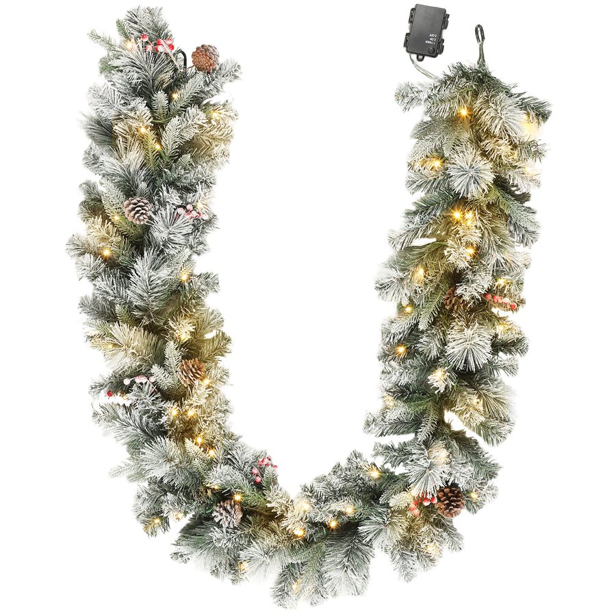 HOMCOM Weihnachtsgirlande mit 216 Schneebestäubten Zweigen und 50 LED-Lichtern, Tannenzapfen & Beeren, Wintergirlande aus Kunststoff & Metall, Ø25x180 cm, Grün & Weiß   Aosom