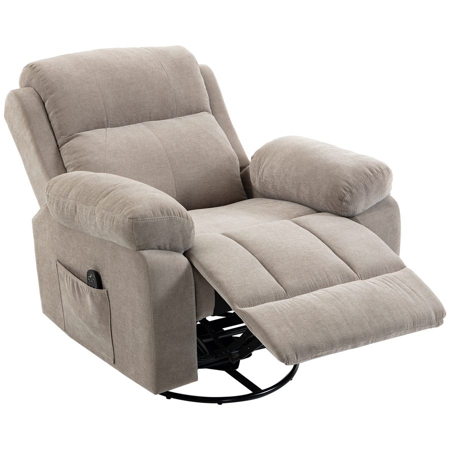 HOMCOM Relaxsessel Fernsehsessel Massagesessel mit Wärme und Massage, 360° Drehbar TV Sessel mit Liegefunktion, Wippfunktion, Chenille-Optik, Fernbedienung, Seitentasche Beige   Aosom