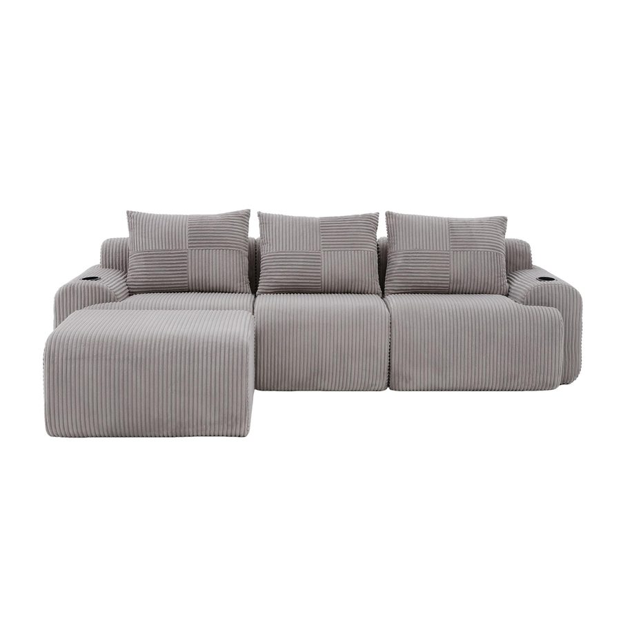 Modulares Cordsofa für drei Personen (inklusive Fußschemel),Hellgrau   Aosom.de